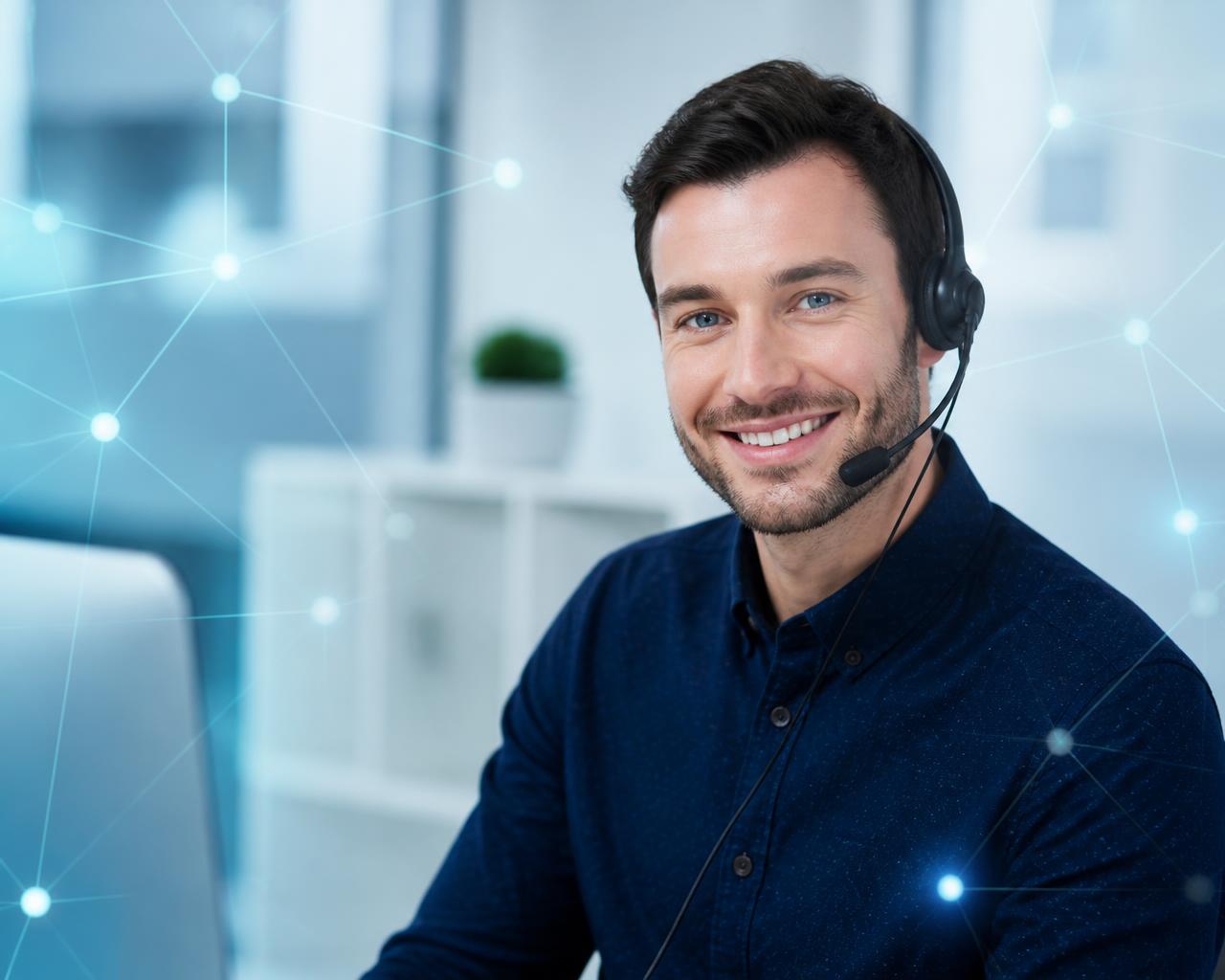 Independent telecom service representative wearing a headset, ready to assist customers by phone